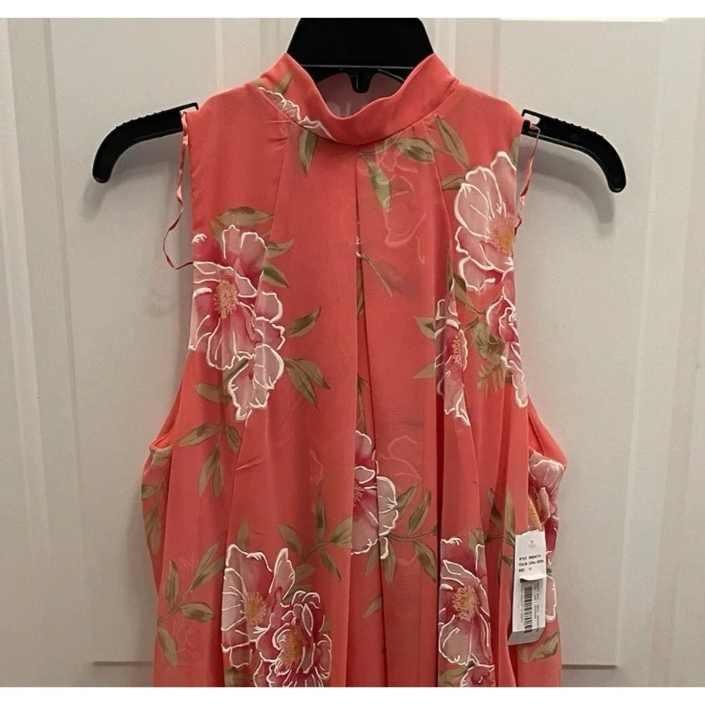 Signature By Robbie Bee Coral Floral Mock Neck‎ Bow Back Aline Dress Womens 12